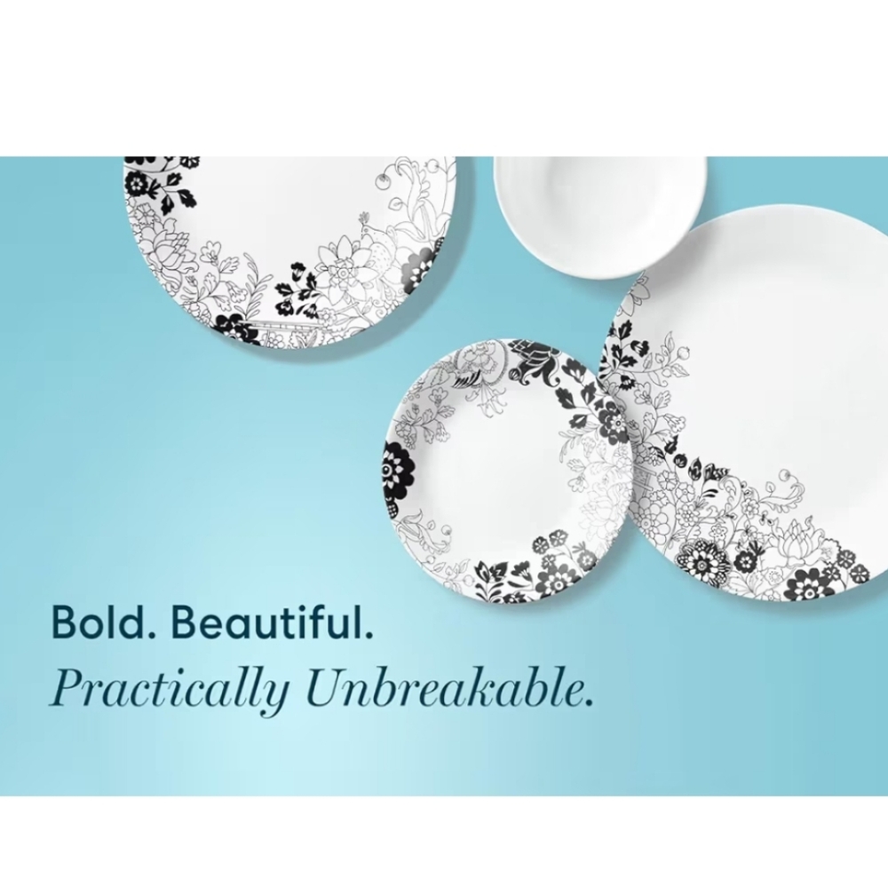 12 Corelle Uptown Garden Plates, 6 Appetizer & 6 Dinner, Black & White Floral - Picture 5 of 15